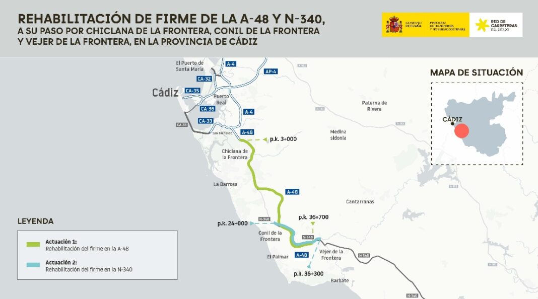 La A-48 y la N-340 renuevan el firme en 46 kilómetros a su paso por Chiclana, Conil y Vejer